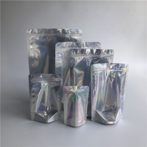 Hurtowo zamykane przezroczyste przednie holograficzne stojące torebki Laminowane plastikowe kosmetyczne torby na suwak Pakowanie w magazynie
